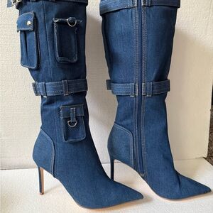 Denim Knee-High Stiletto Boots
